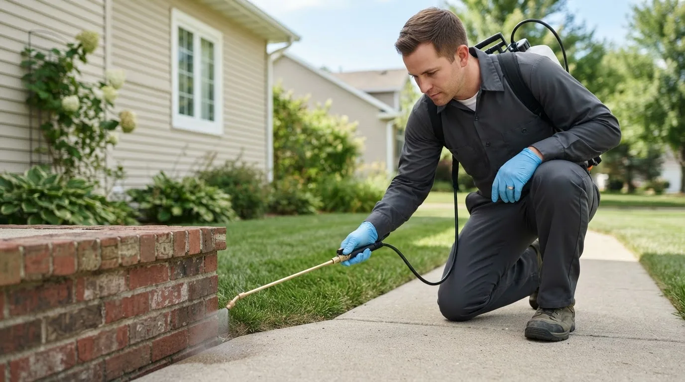 Pest control technician treating a home near Andrews, IN